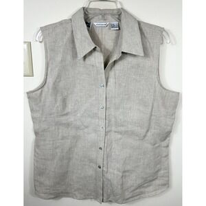 Richard Malcolm Button Down Top Women XL Beige Irish Linen Sleeveless Coastal
